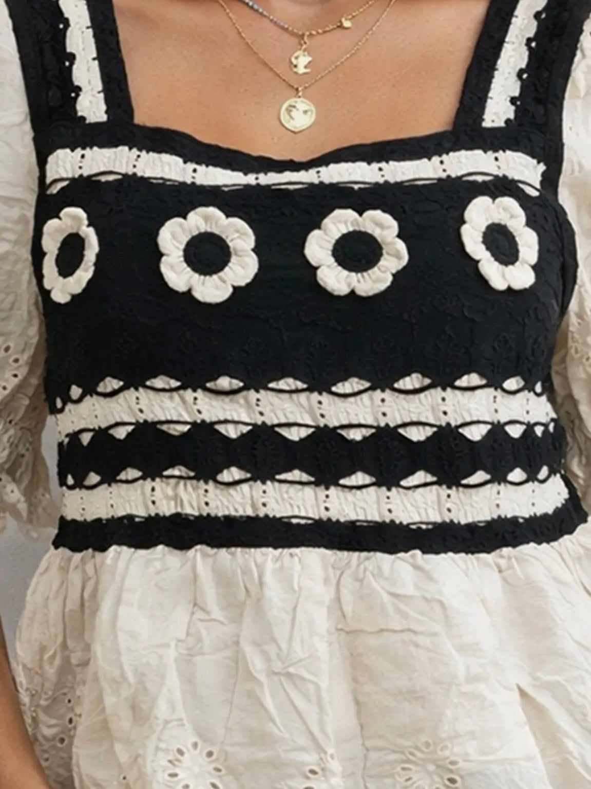 Knitted white and black floral crochet ruffled crop top