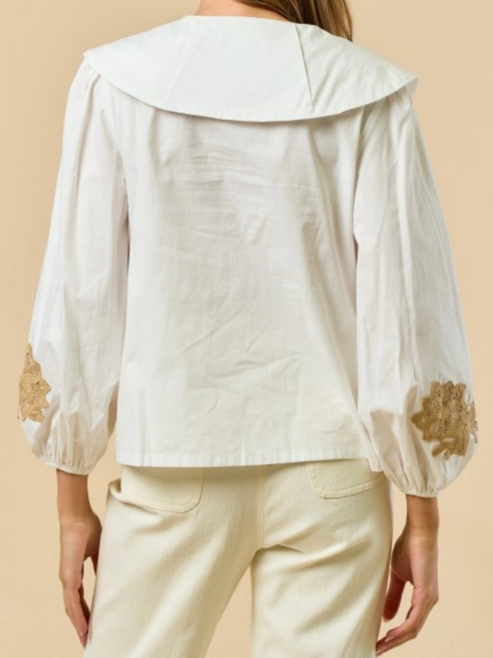 Beige and light blue floral long sleeves big neck blouse top