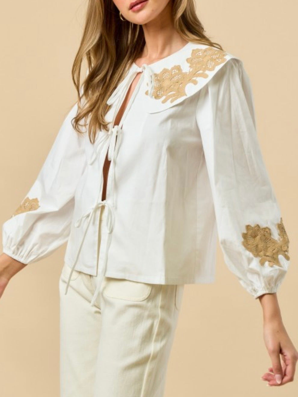 Beige and light blue floral long sleeves big neck blouse top