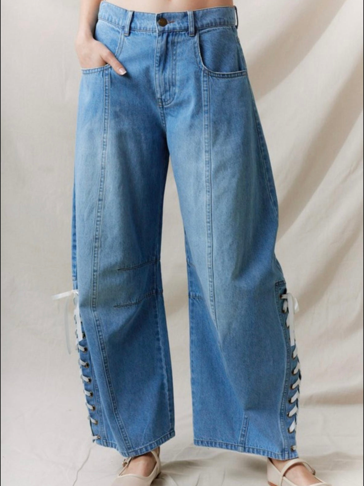 Blue ankle tie laces details barrel jeans pants