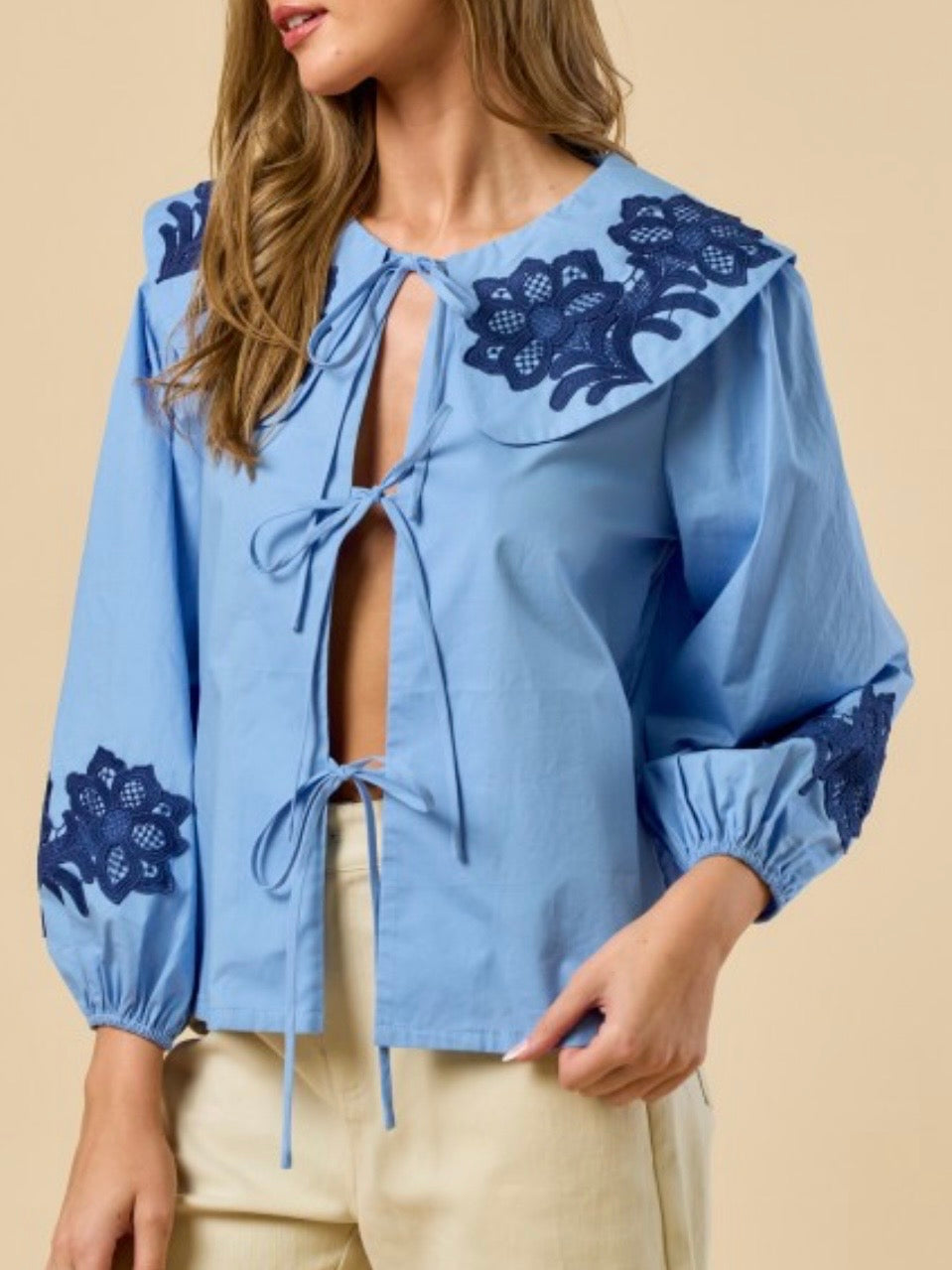 Beige and light blue floral long sleeves big neck blouse top