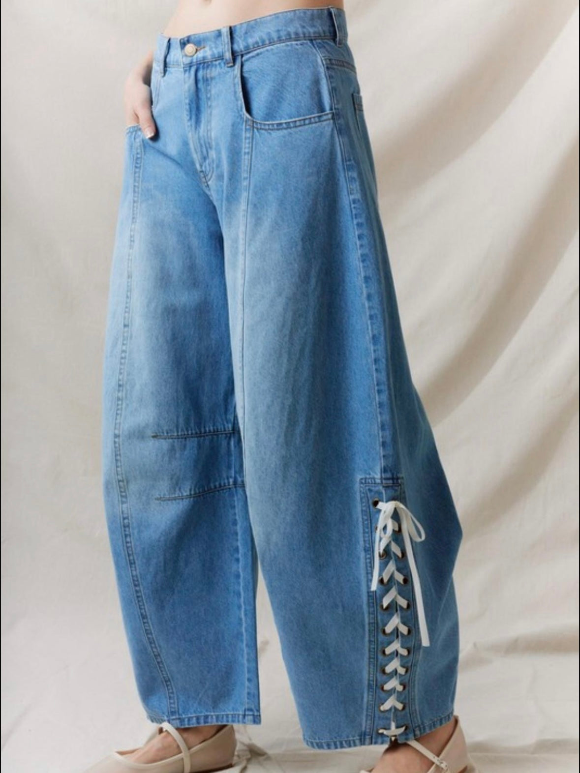 Blue ankle tie laces details barrel jeans pants