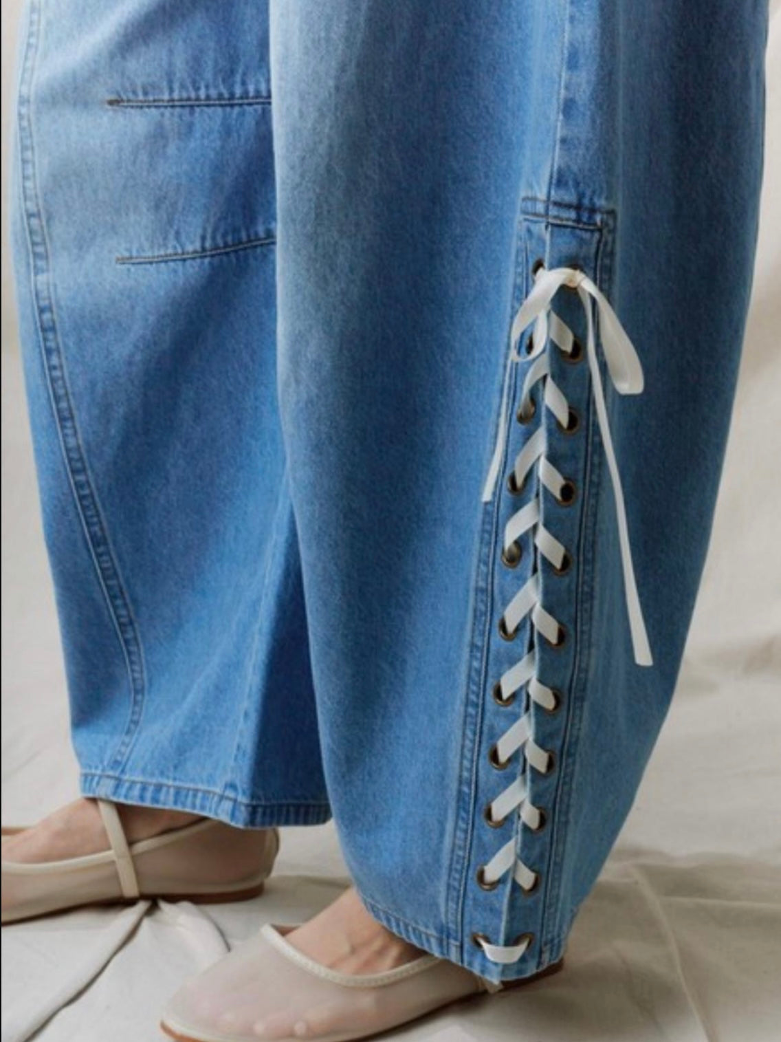 Blue ankle tie laces details barrel jeans pants