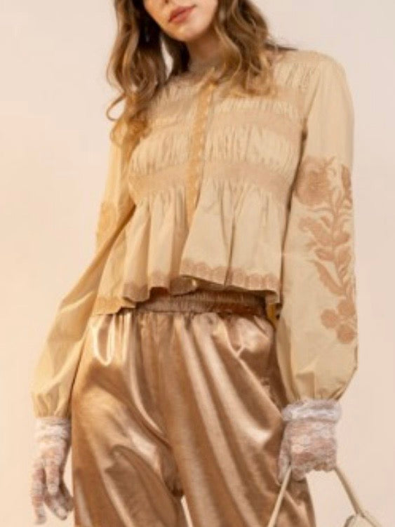 Beige and off white draped long sleeves big neck blouse top (Copy)