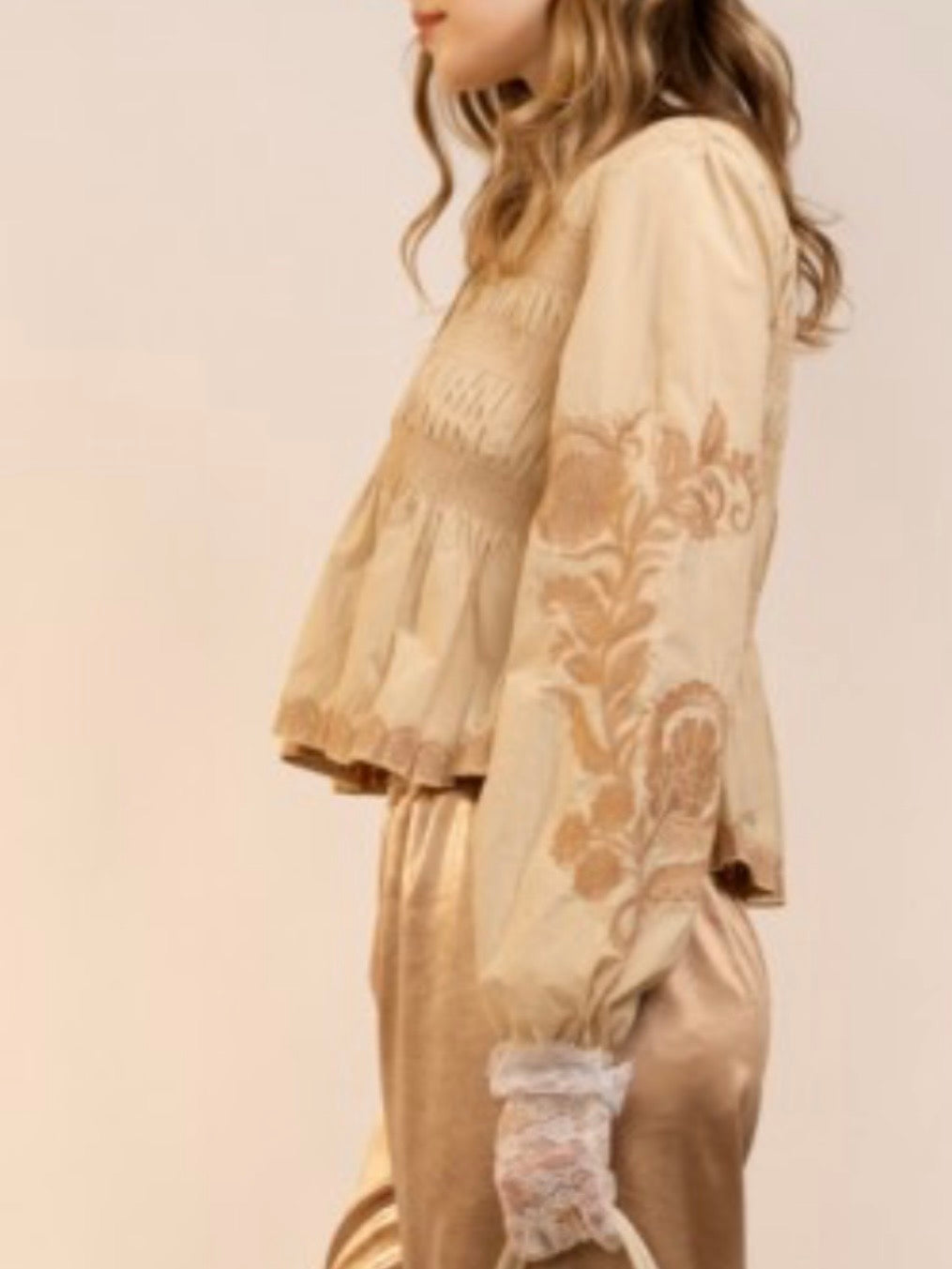 Beige and off white draped long sleeves big neck blouse top (Copy)