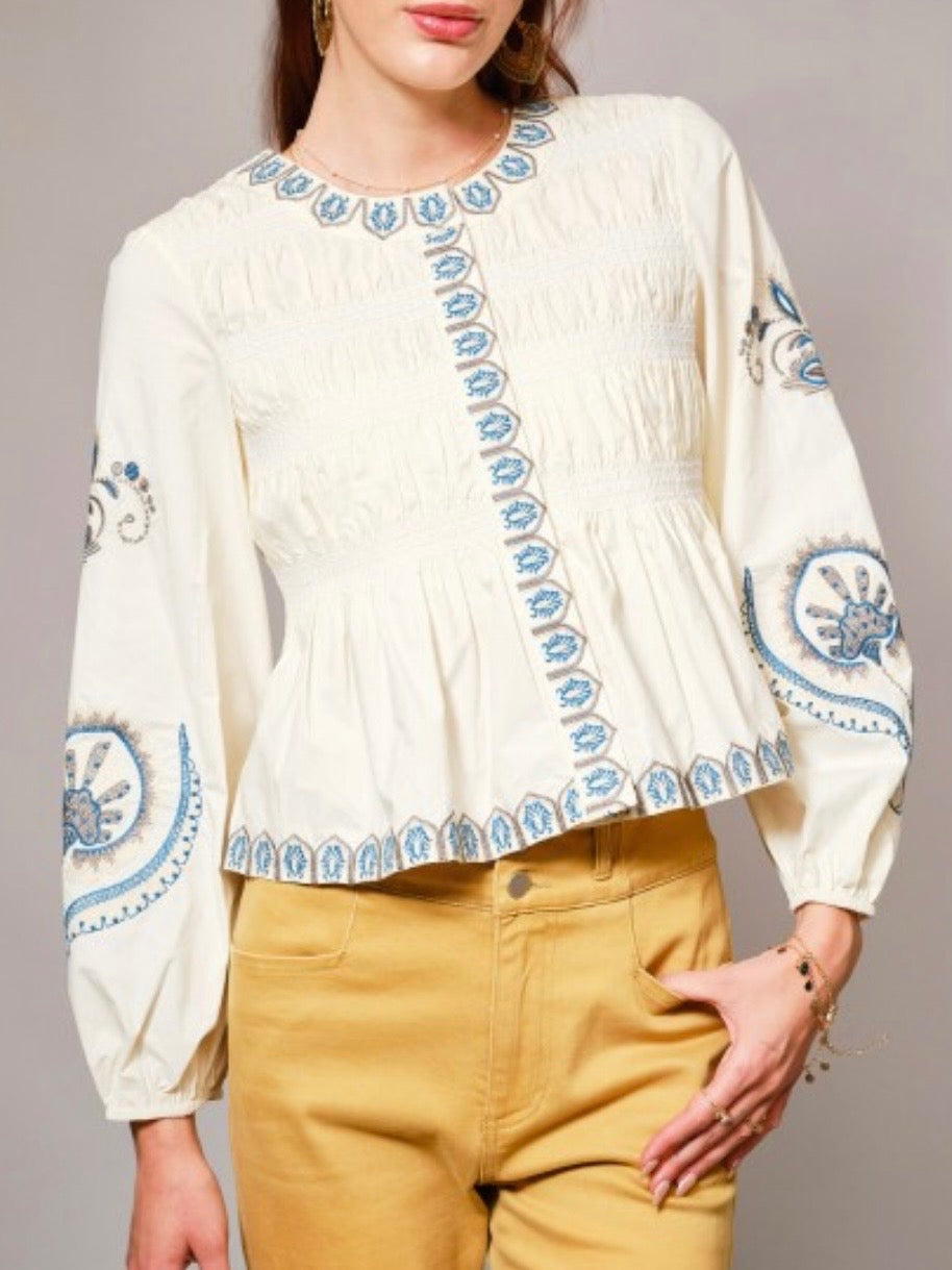 Beige and off white draped long sleeves big neck blouse top (Copy)