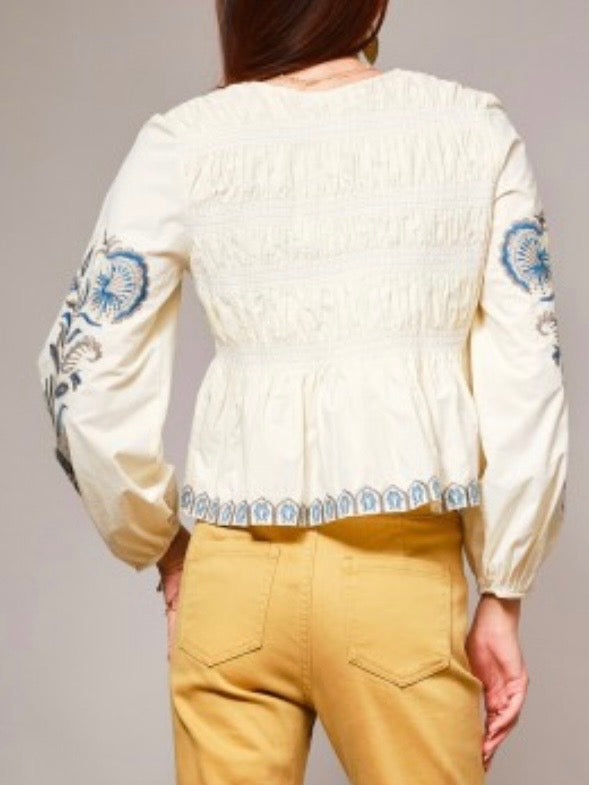 Beige and off white draped long sleeves big neck blouse top (Copy)