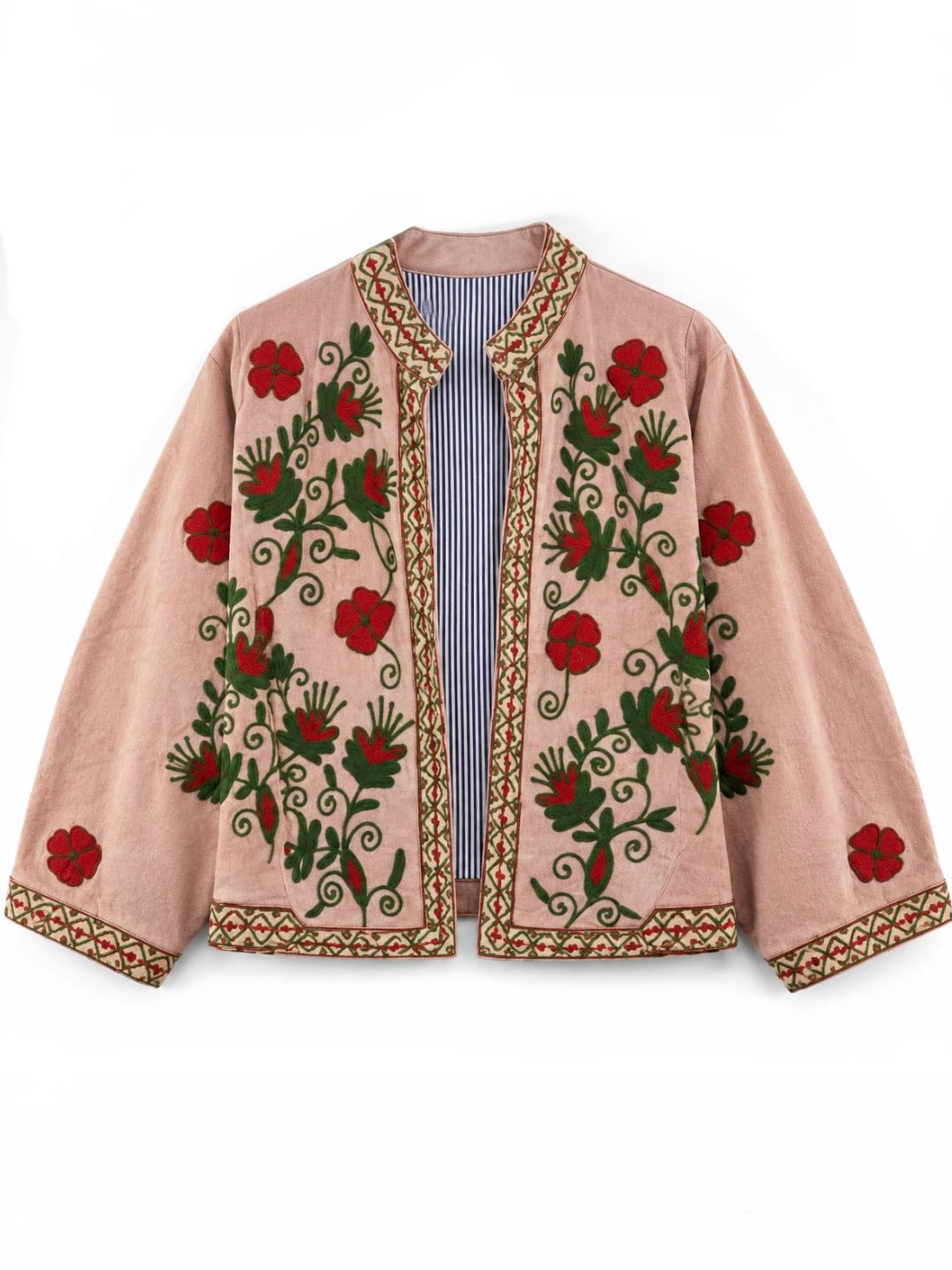 Colored floral embroidered open front bomber jacket