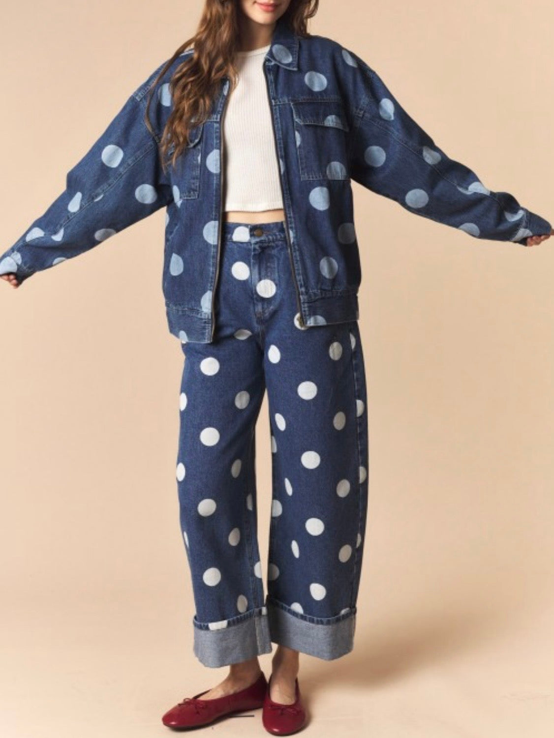 Blue denim white polka dot open front jacket and pants set
