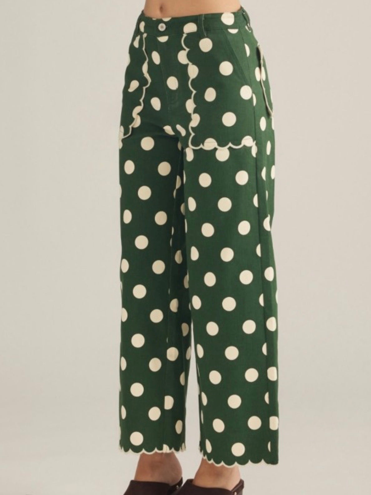 Colored polka dots fabric straight capri pants