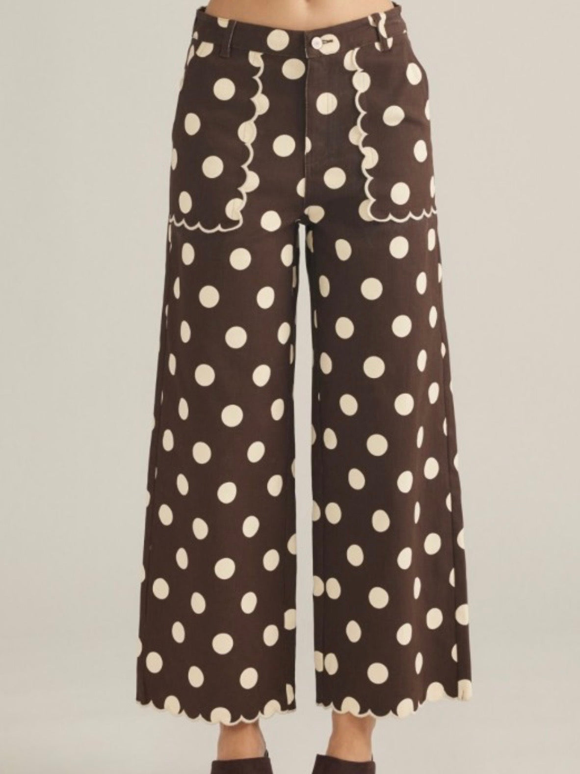 Colored polka dots fabric straight capri pants