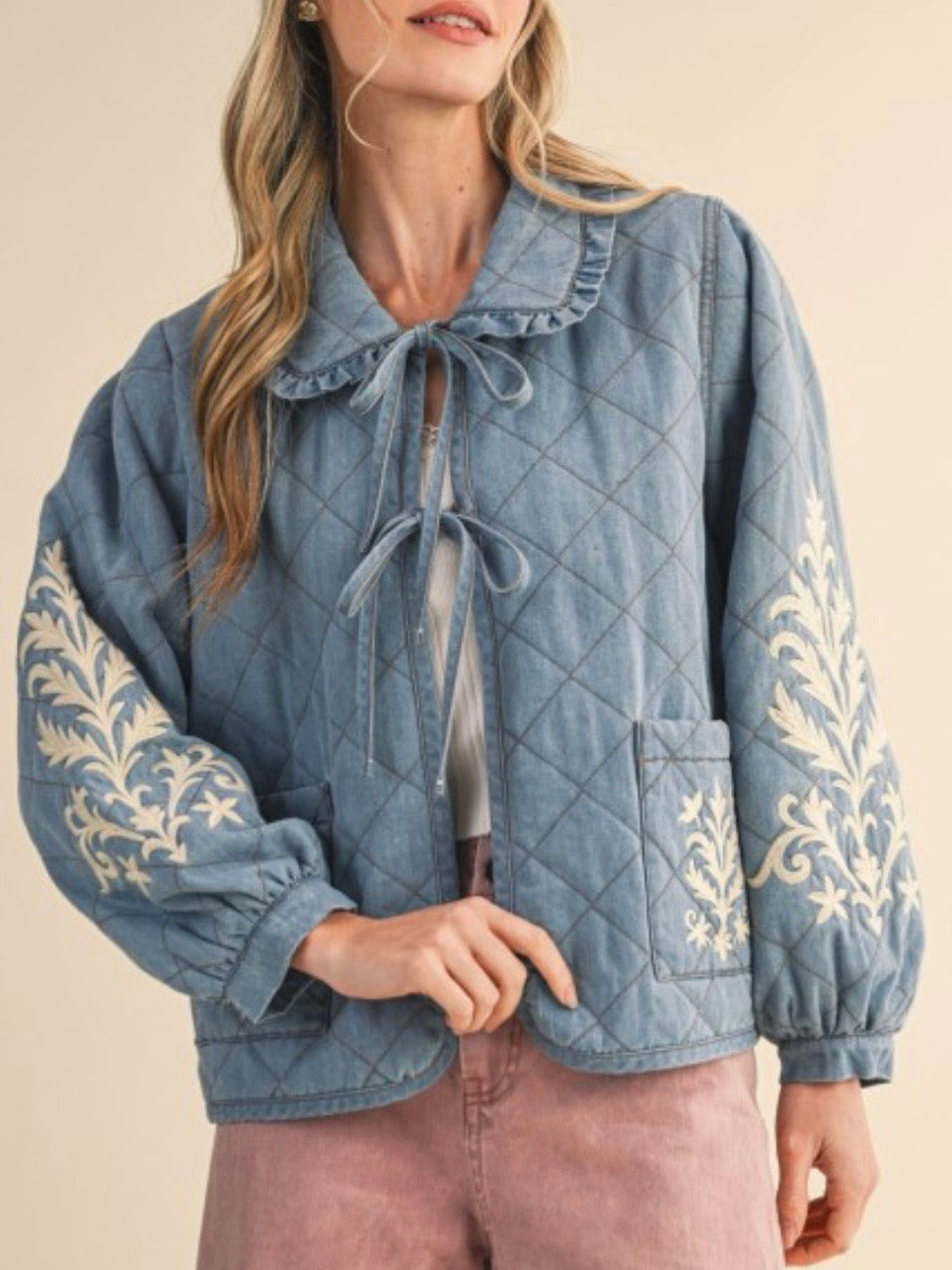 Light blue floral embroidered open front bomber quilted jacket