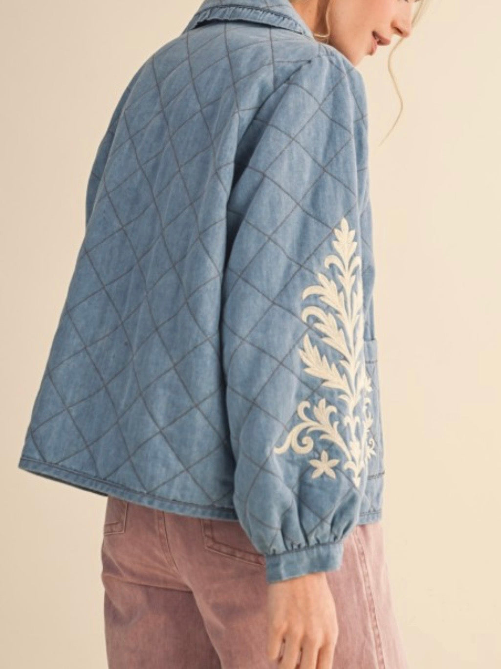 Light blue floral embroidered open front bomber quilted jacket