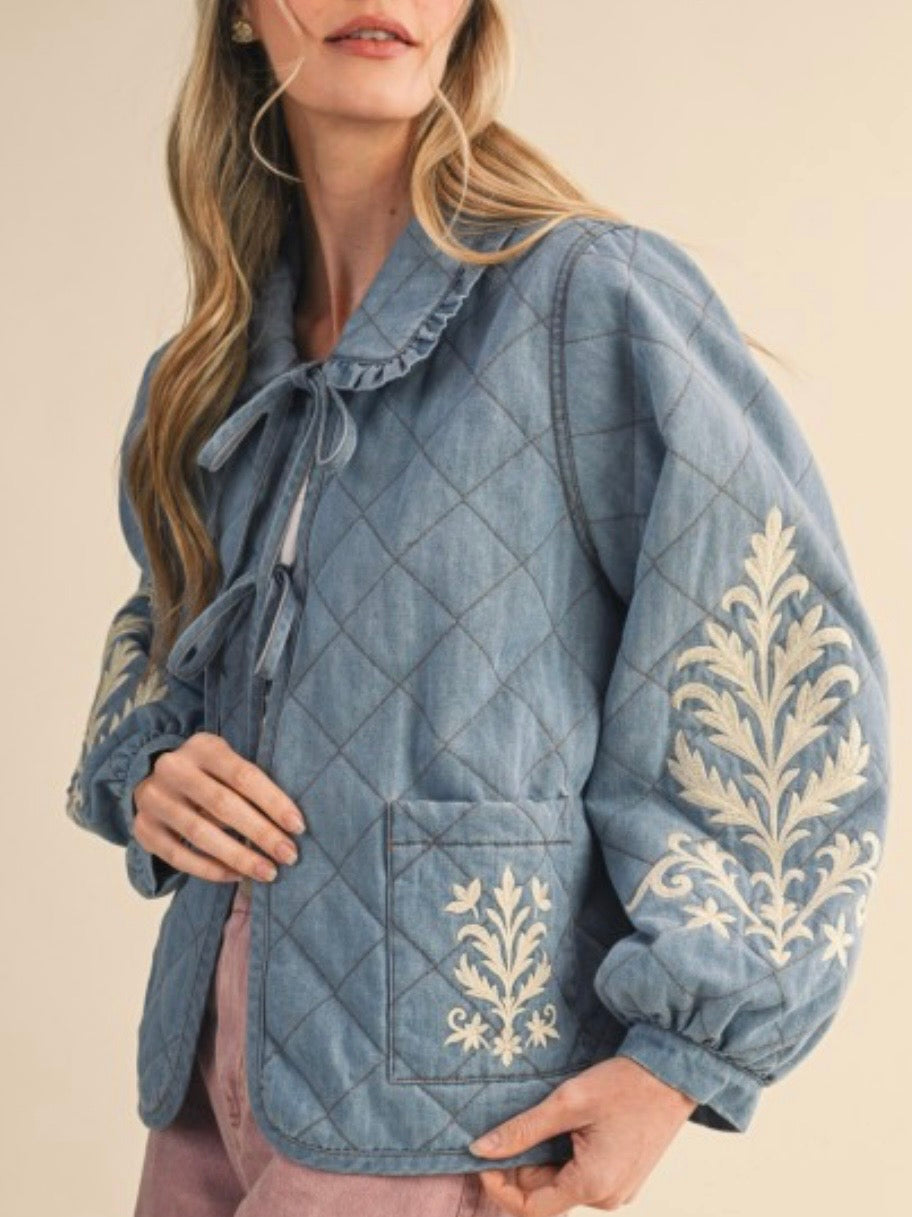 Light blue floral embroidered open front bomber quilted jacket