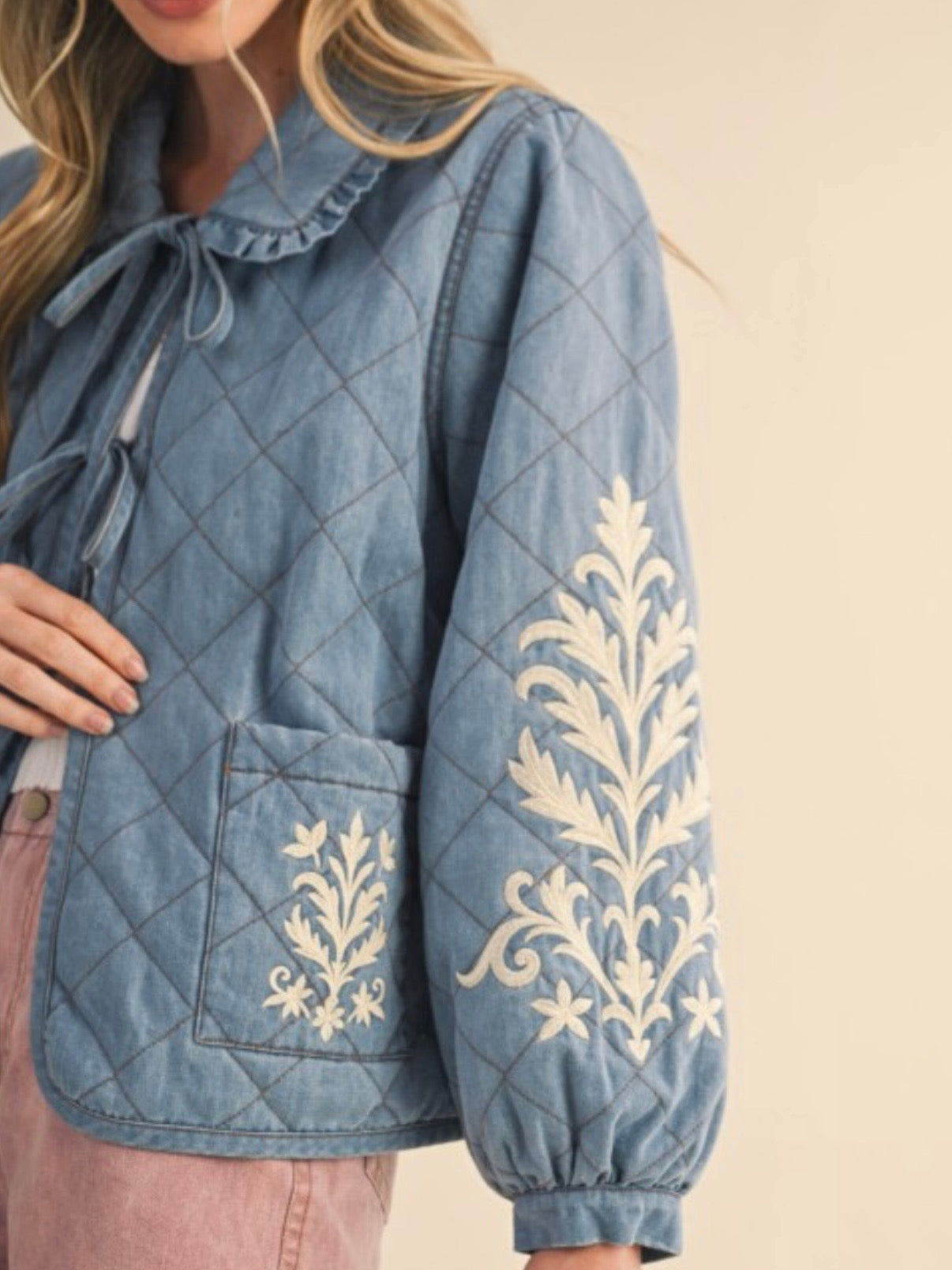 Light blue floral embroidered open front bomber quilted jacket