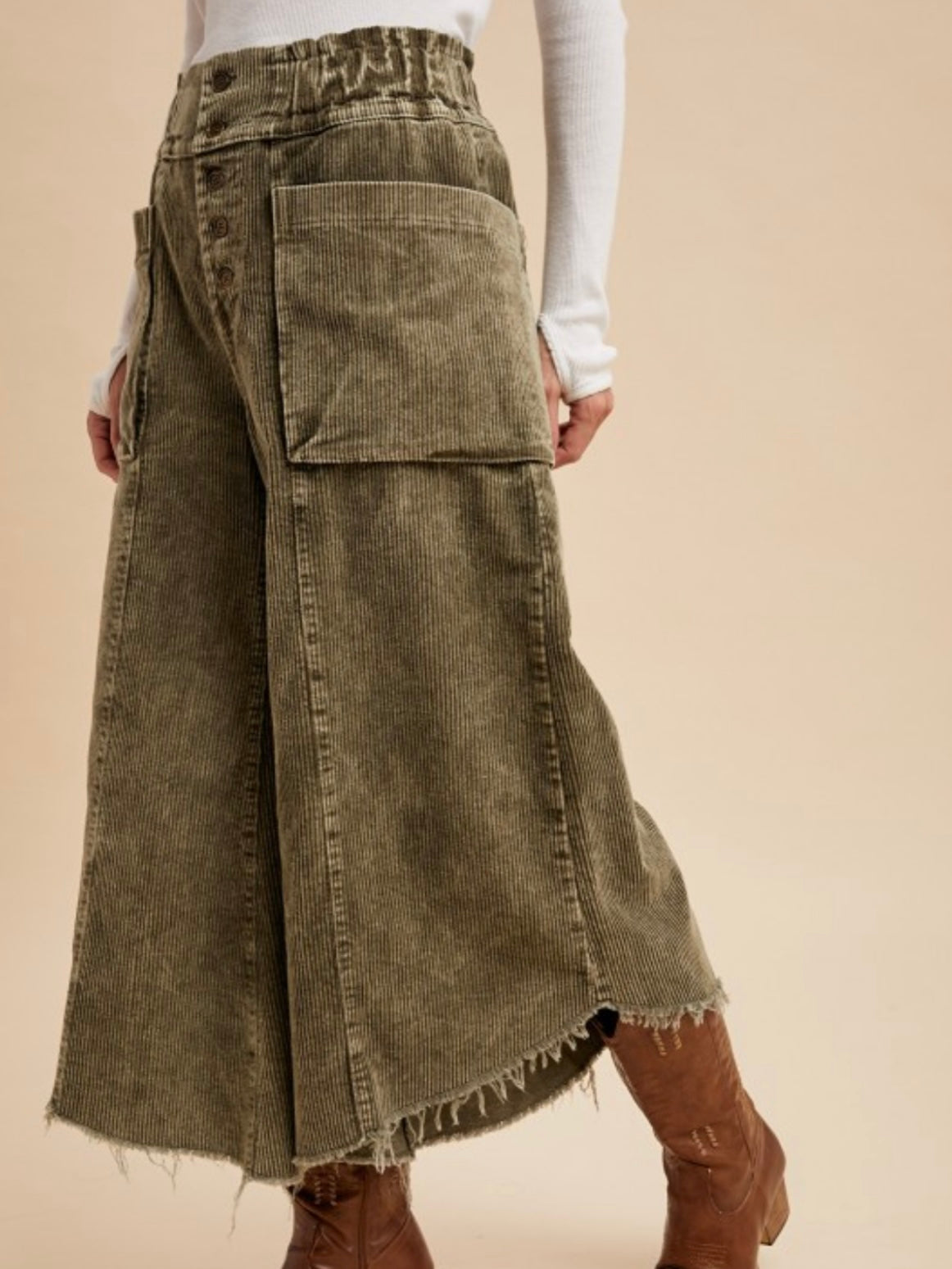 Green frayed hem wide corduroy pants