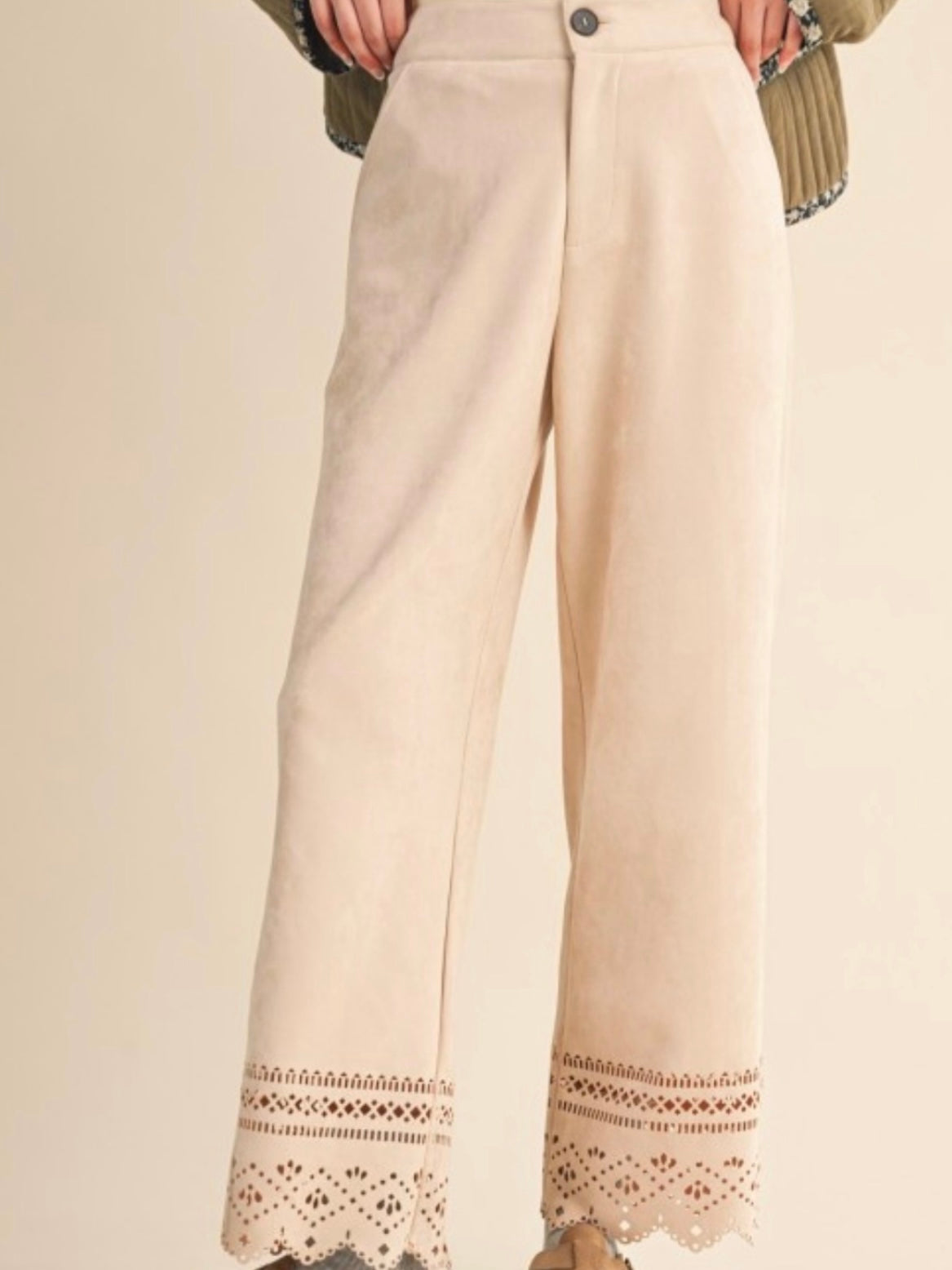 Beige suede straight fit laser cut pants