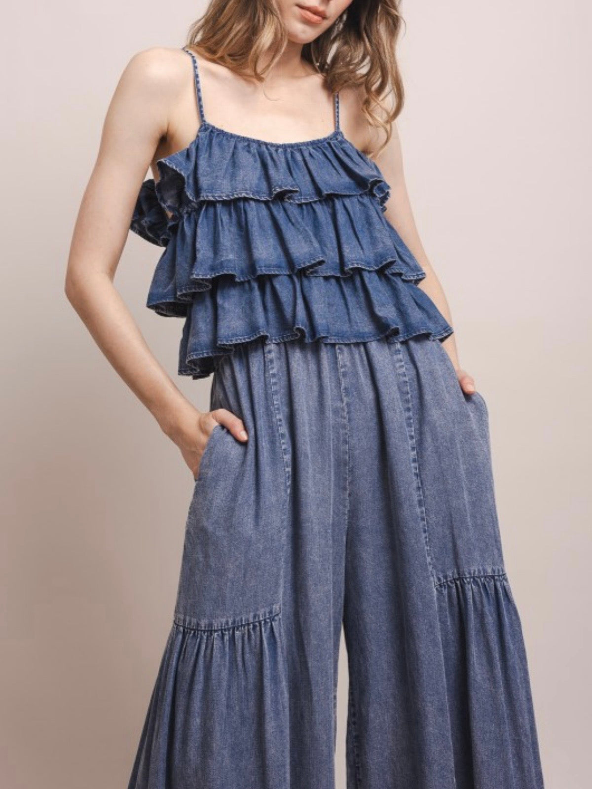 Blue denim sleeveless ruffled jumper