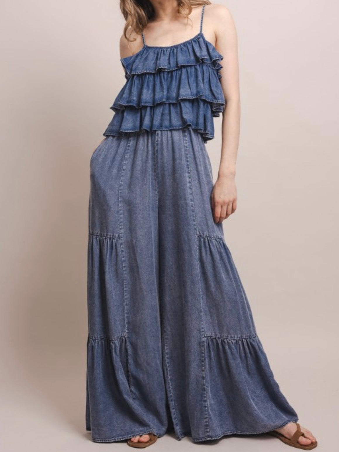 Blue denim sleeveless ruffled jumper