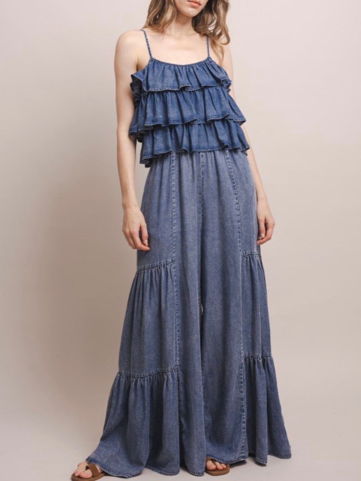 Blue denim sleeveless ruffled jumper
