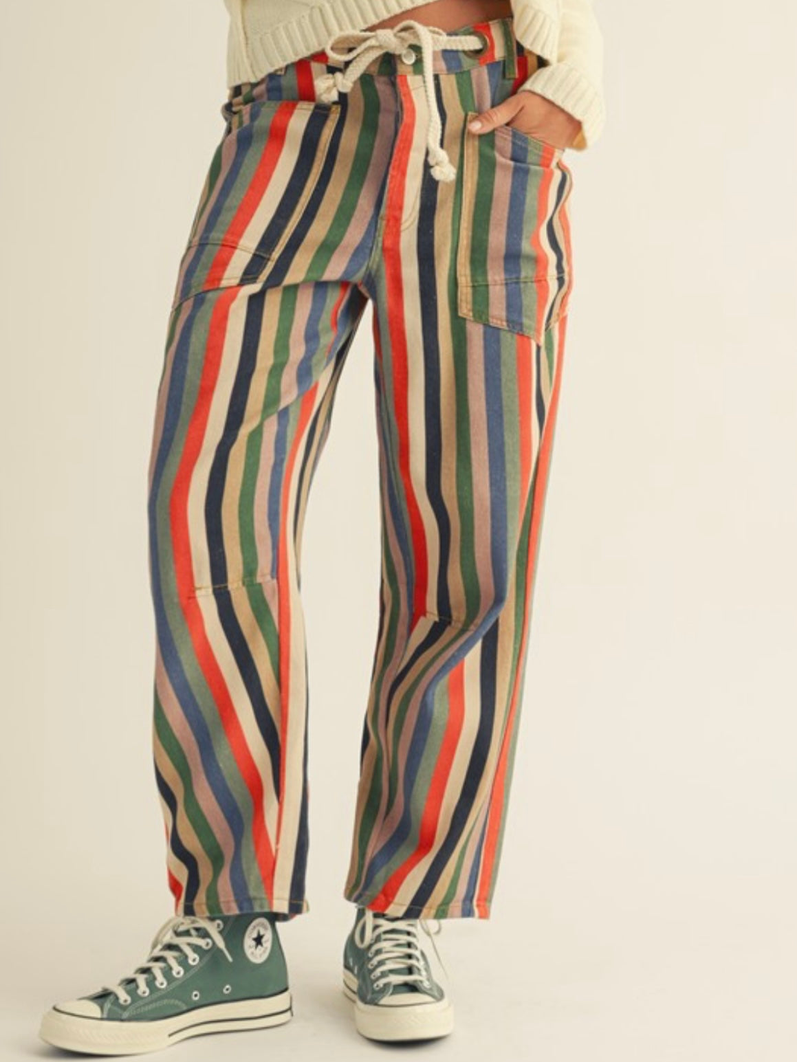 Striped tie laces relaxed fit jeans pants