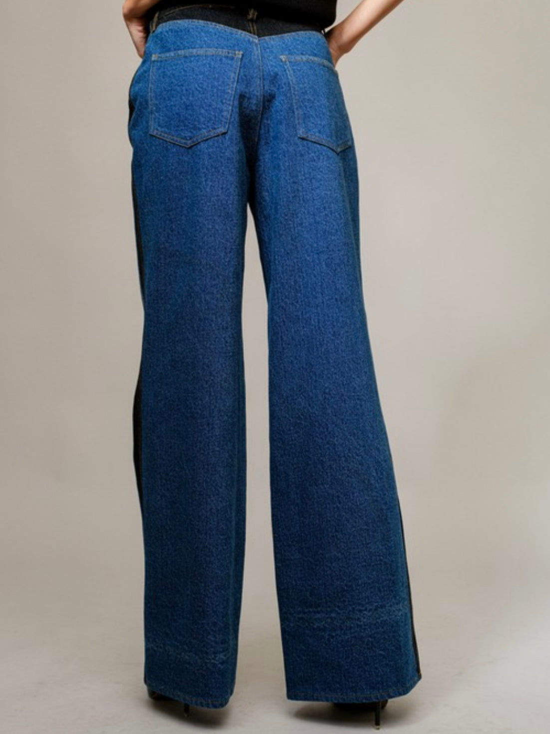 Blue jeans with black side stripe wide pants