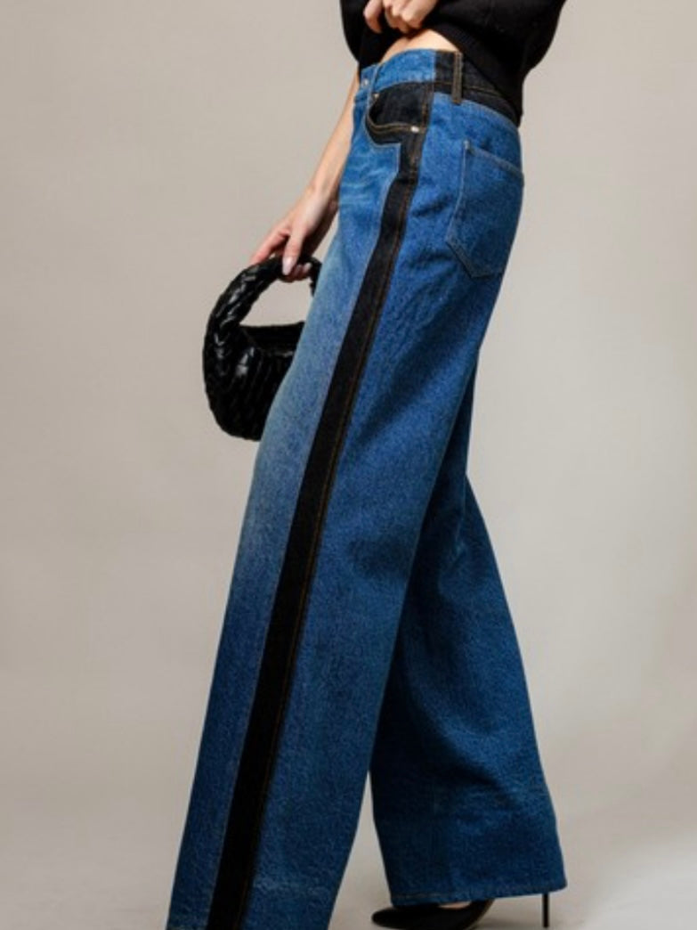 Blue jeans with black side stripe wide pants