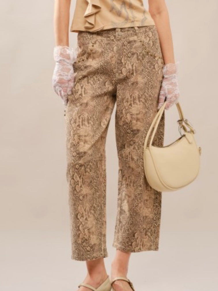 Beige and brown snake print barrel pants
