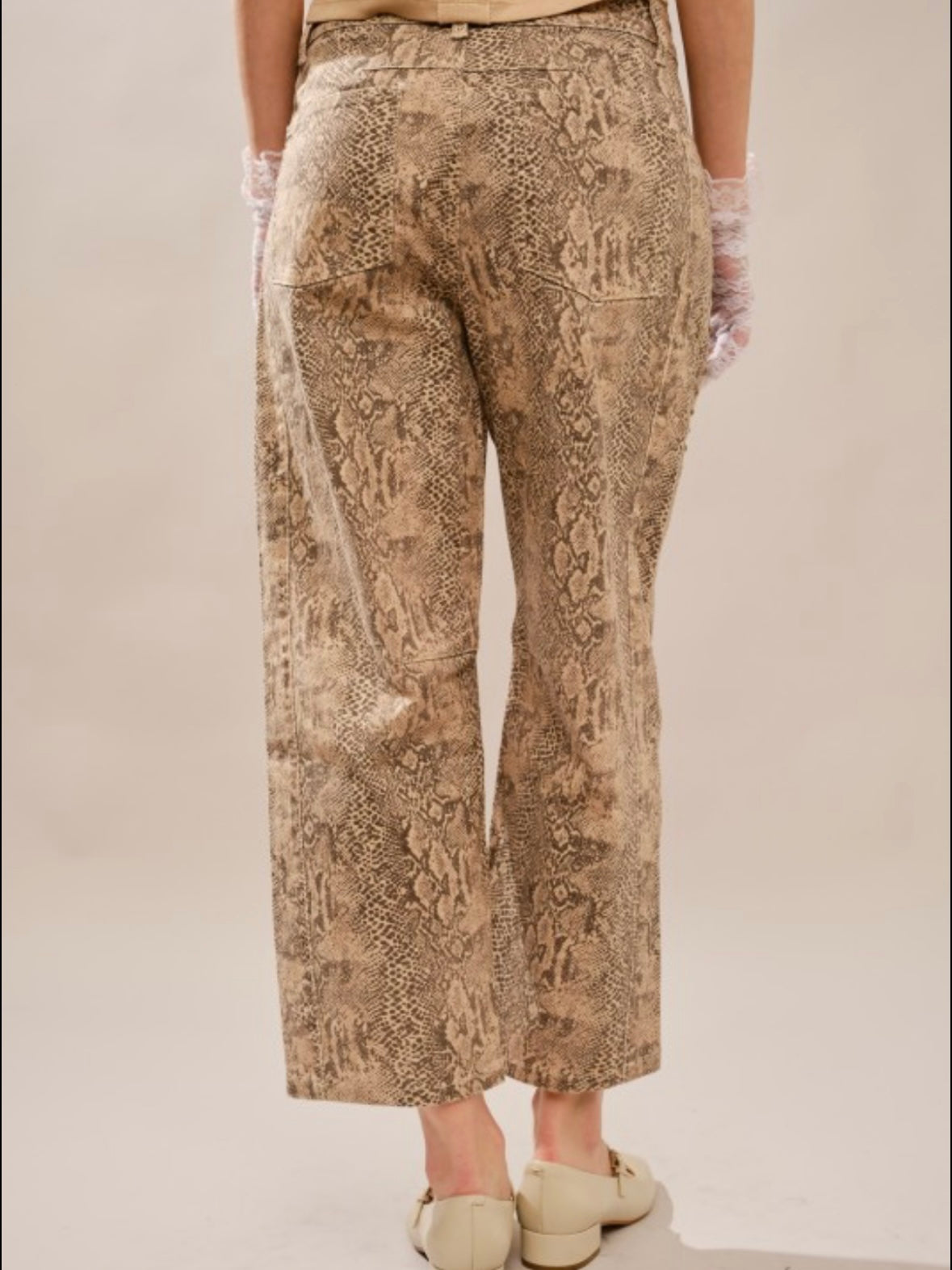 Beige and brown snake print barrel pants