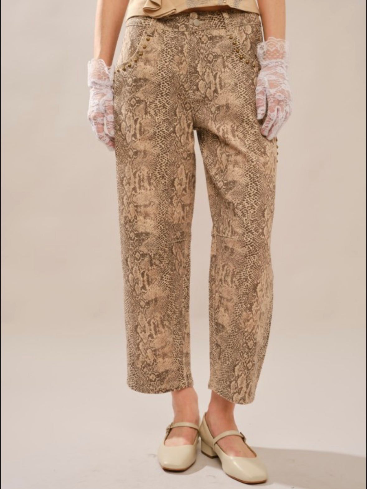 Beige and brown snake print barrel pants