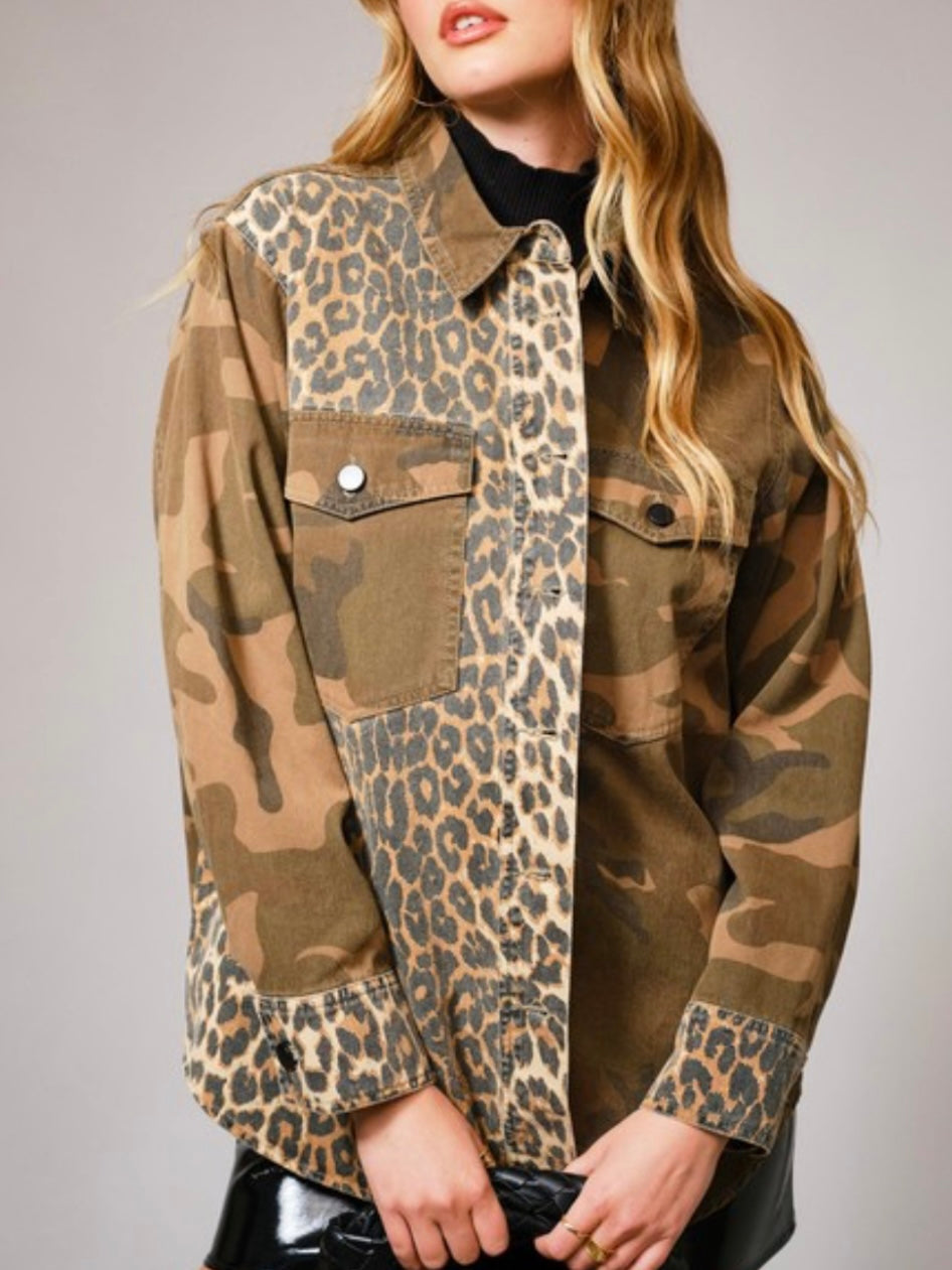 Camouflage and leopard patched mix fabrics jacket
