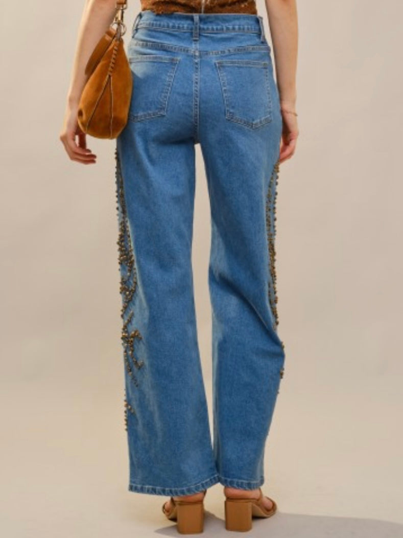 Blue straight cut studded details jeans pants