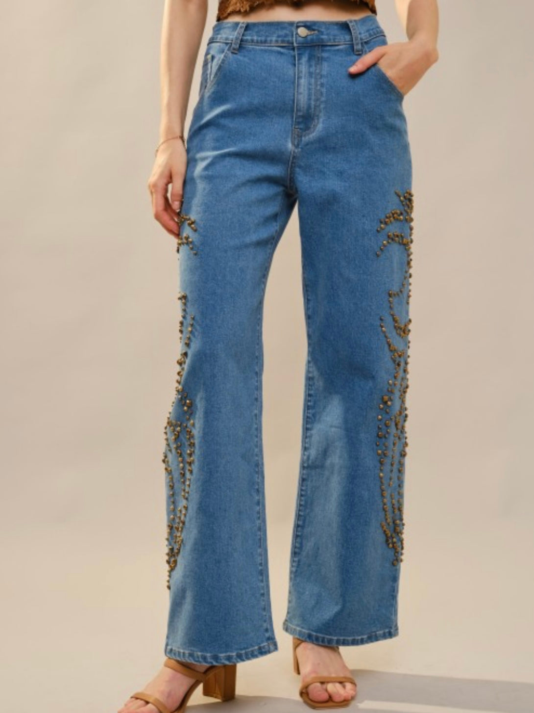 Blue straight cut patched pockets jeans pants