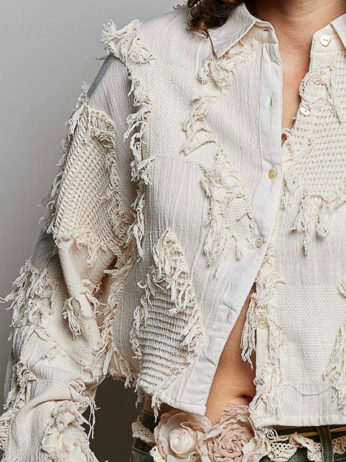 Beige destroyed patched details jacket