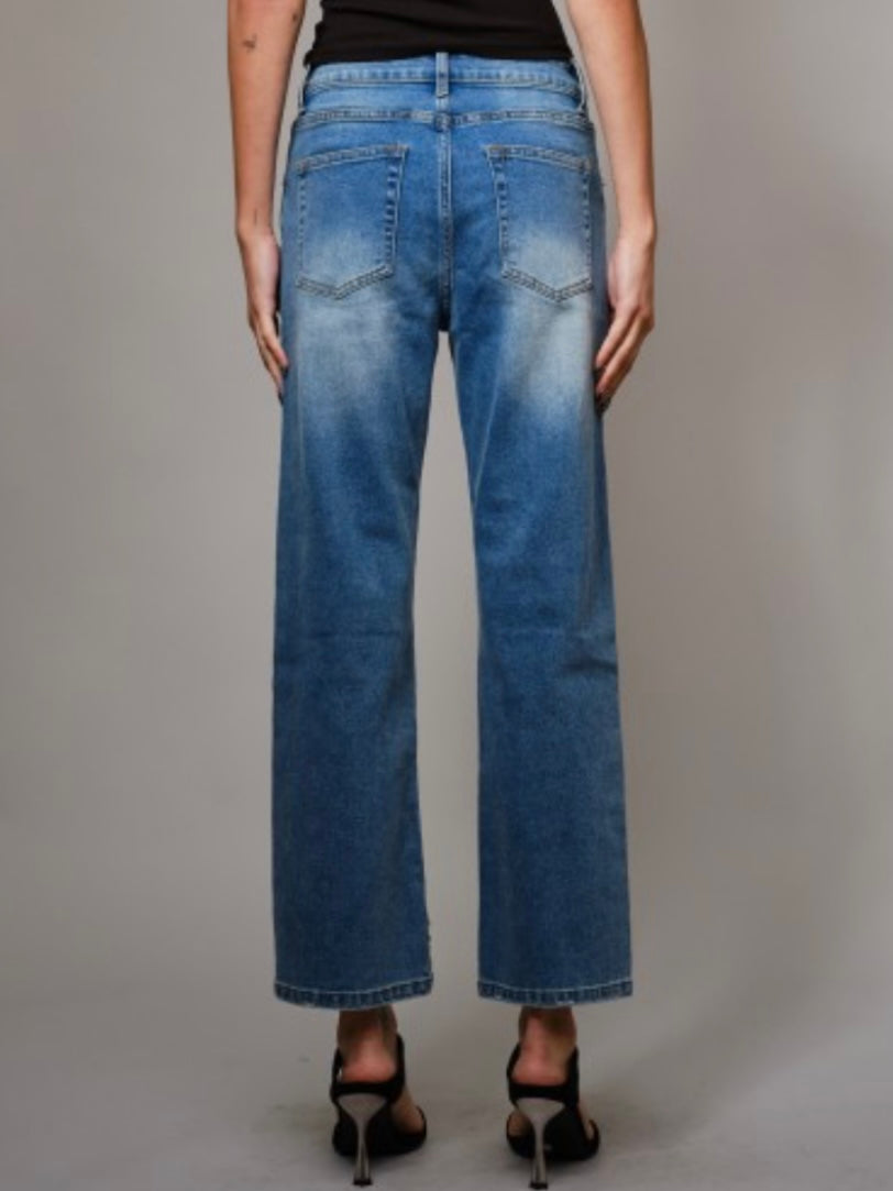 Blue straight cut gold sequins details jeans pants