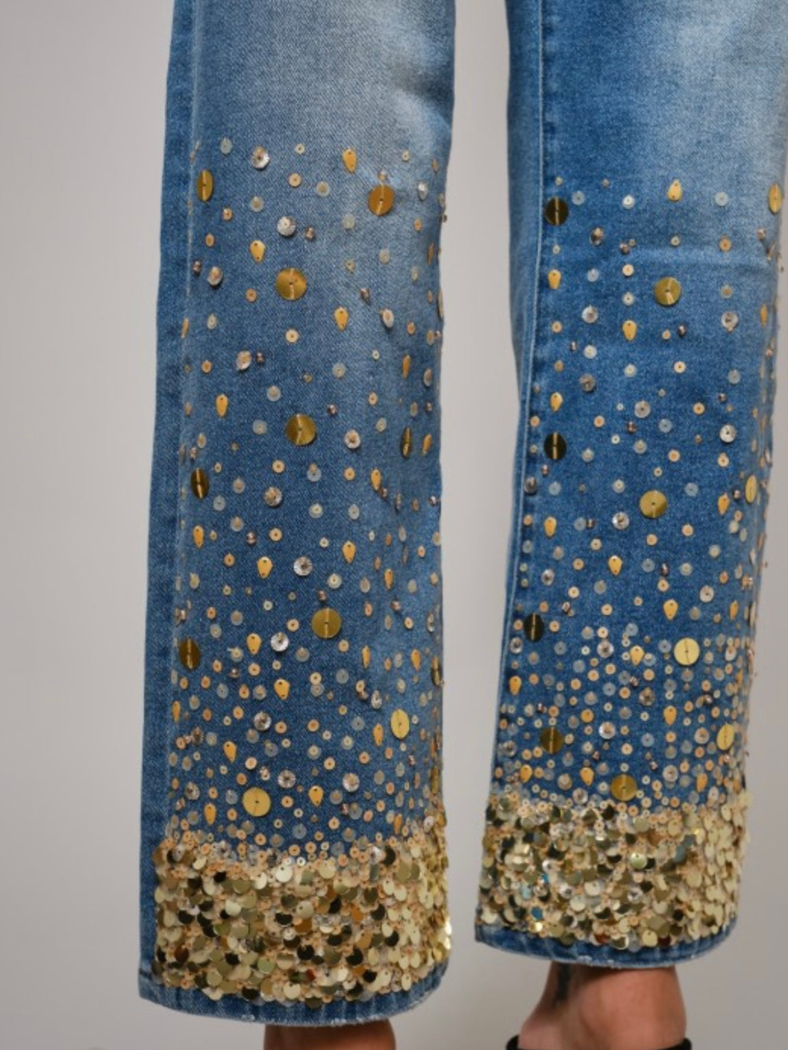Blue straight cut gold sequins details jeans pants