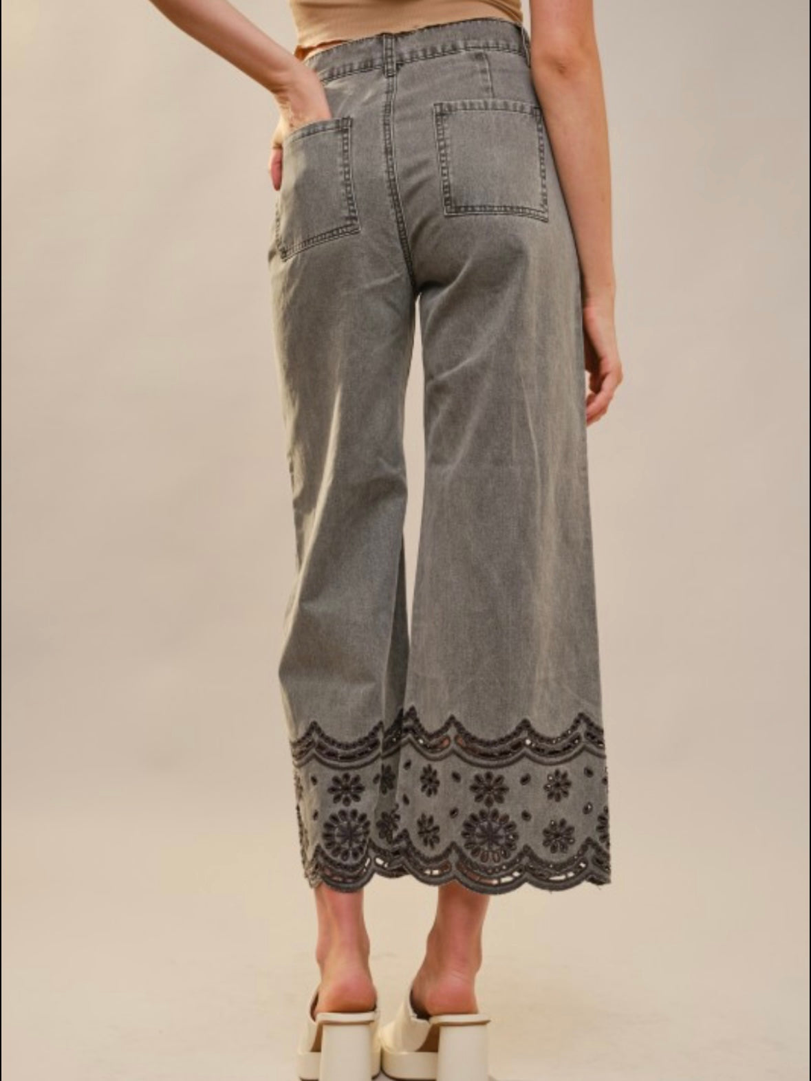 Black washed straight cut wide leg cropped jeans pants