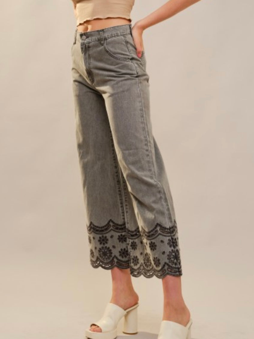 Black washed straight cut wide leg cropped jeans pants