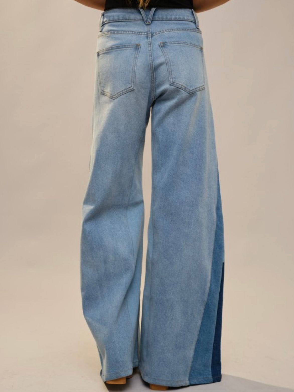 Blue wide leg mix fabrics details jeans pants
