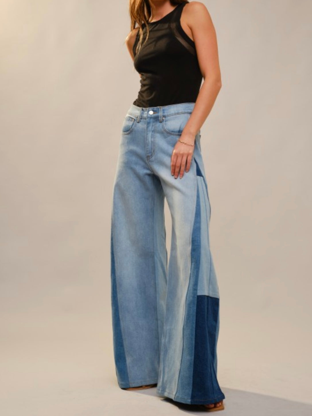 Blue wide leg mix fabrics details jeans pants