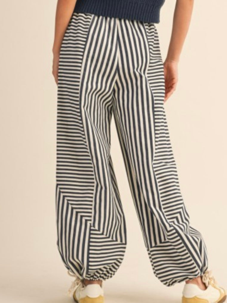 White and blue striped print parachute joggers pants