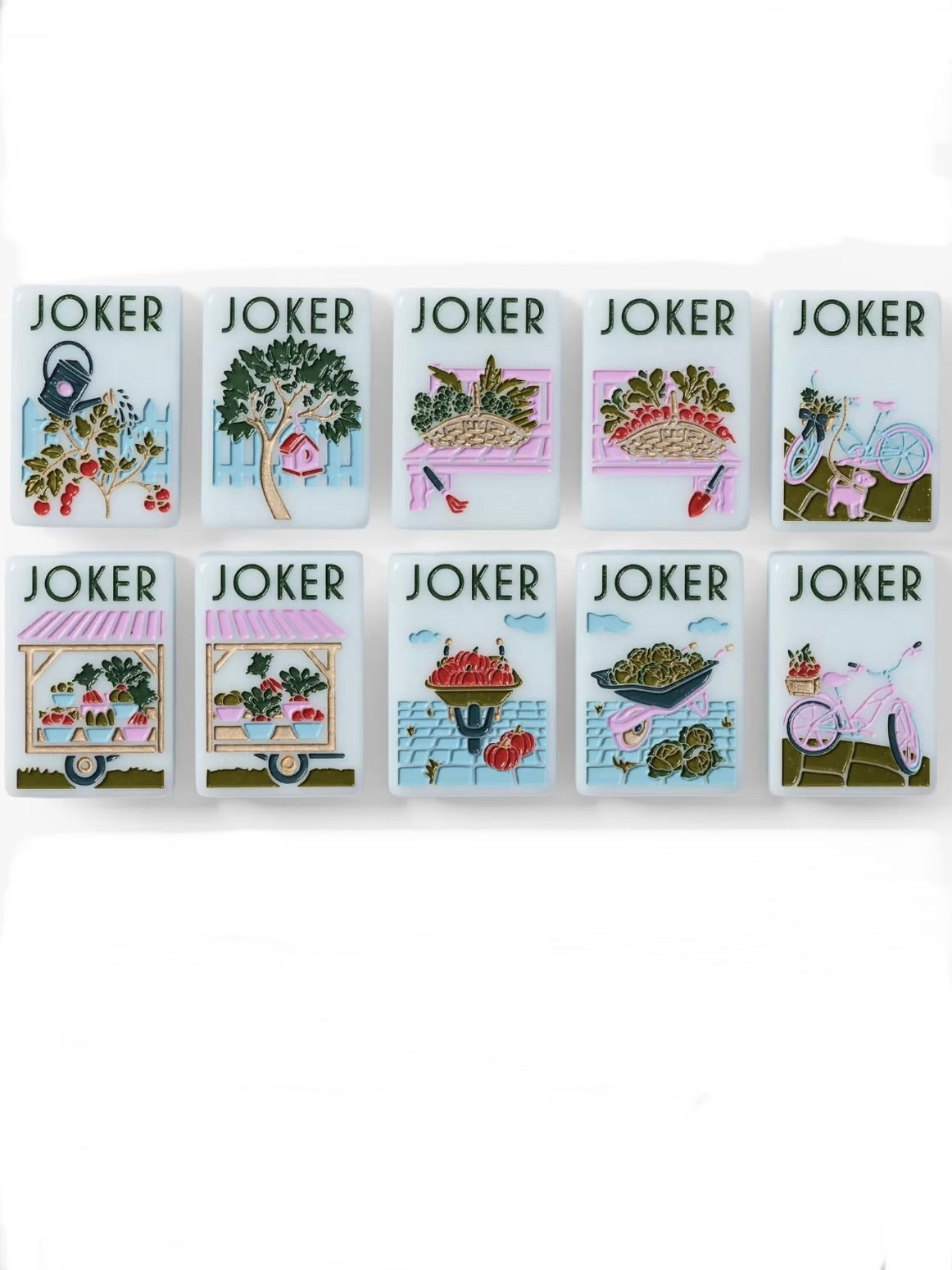 White and green, leaves and plants Mahjong tiles set