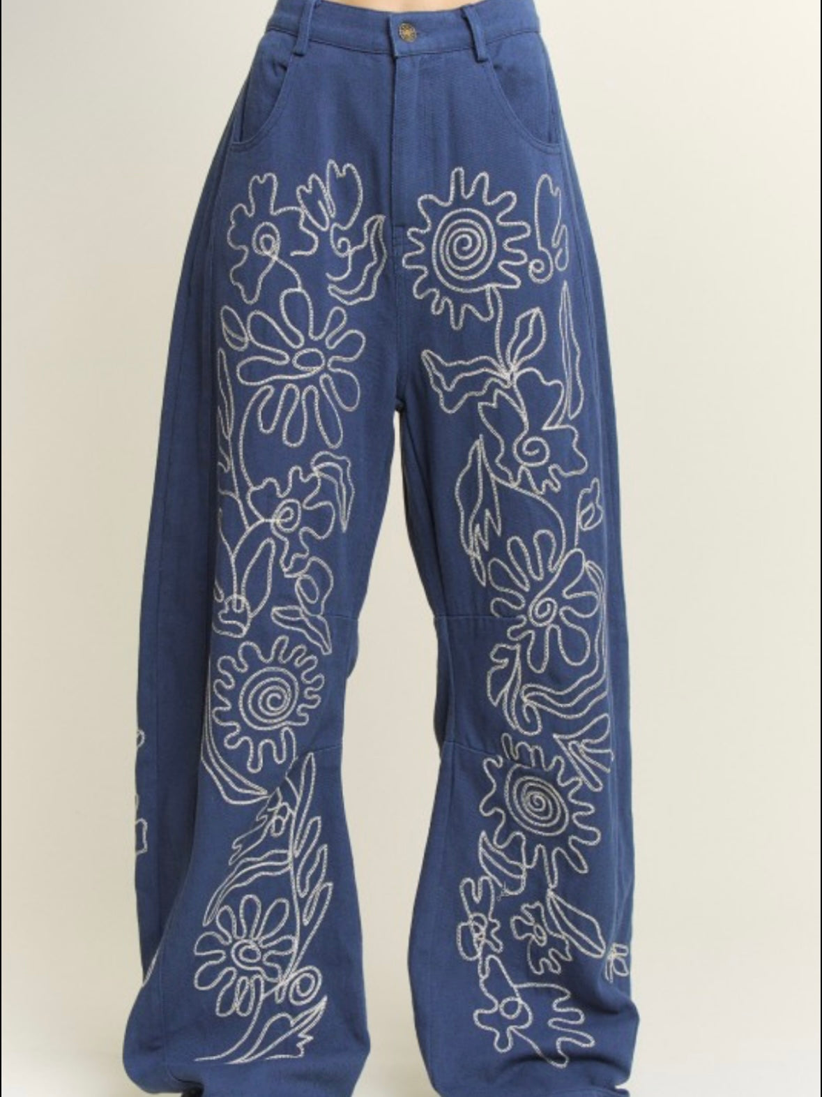 Blue straight floral embroidered jeans pants