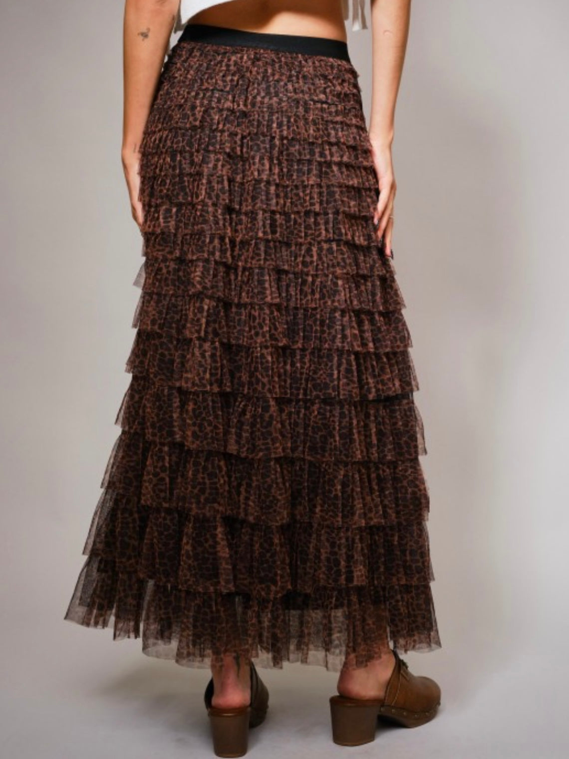 Brown layered ruffled tulle skirt