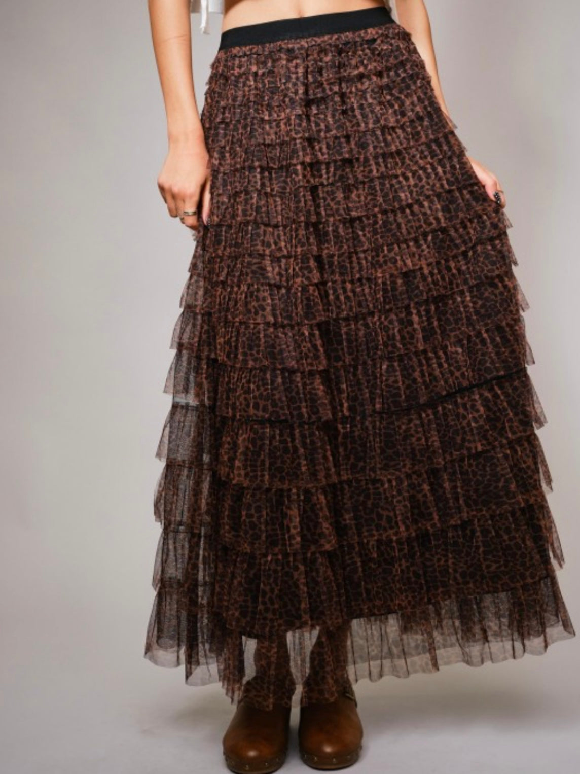 Brown layered ruffled tulle skirt