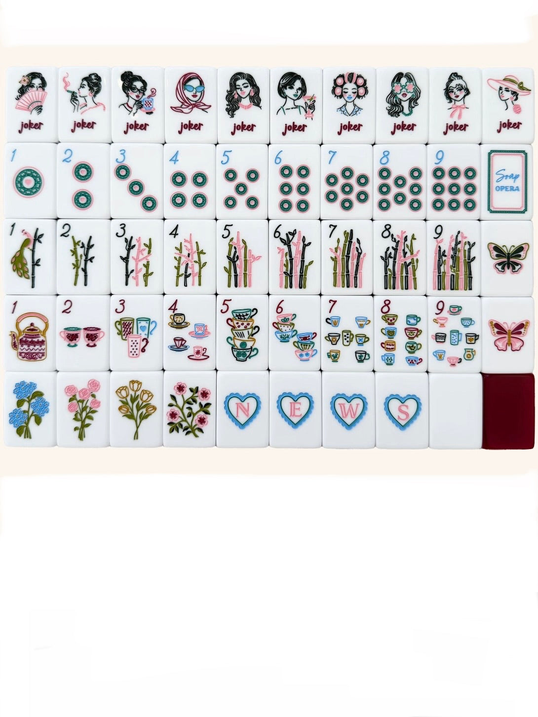 Cup of Tea, Women Roses, burgundy back Mahjong tiles set and mat
