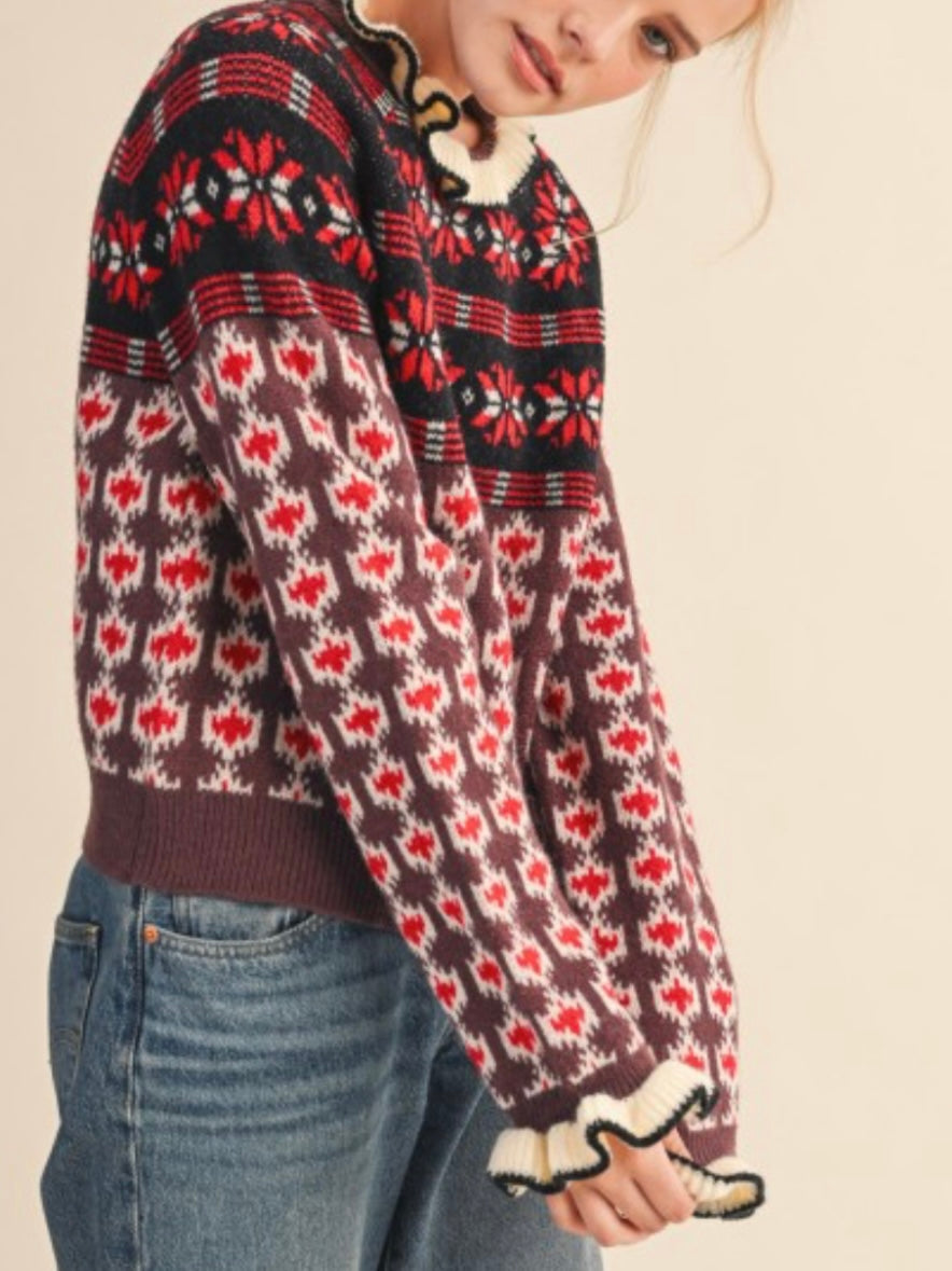 Brown, red and pink knitted ruffle mock neck sweater