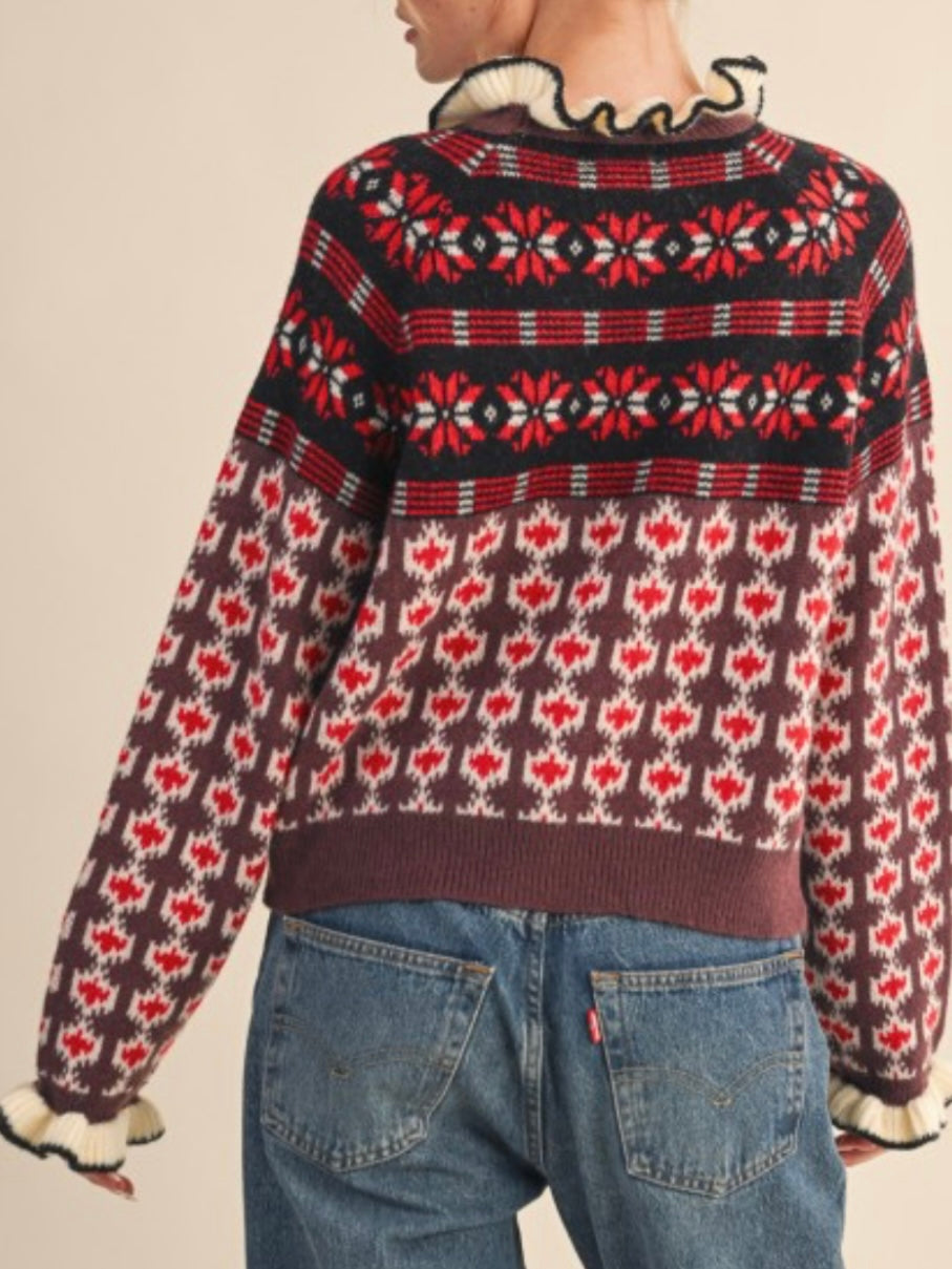 Brown, red and pink knitted ruffle mock neck sweater