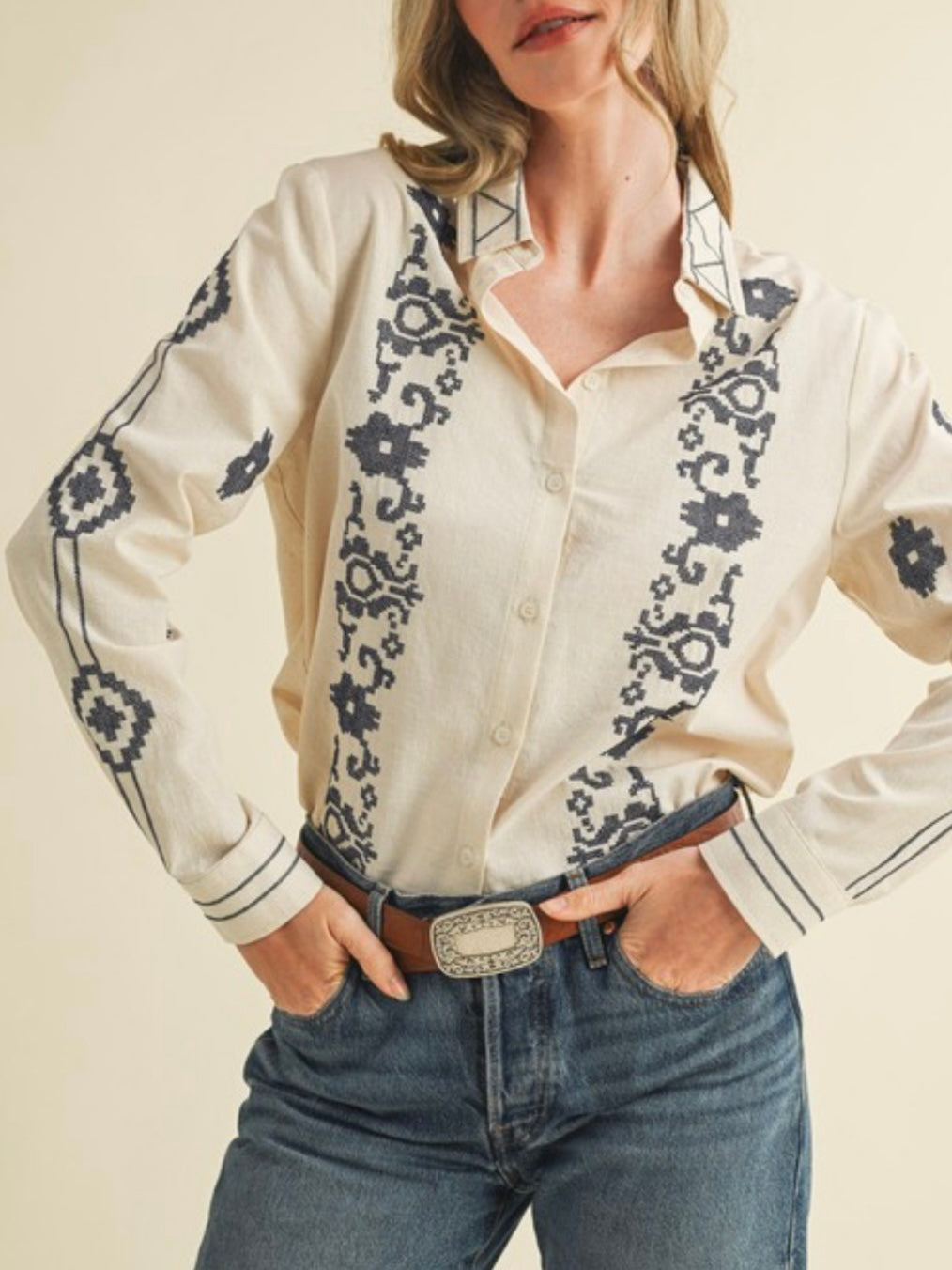 Off white and navy blue floral embroidered shirt