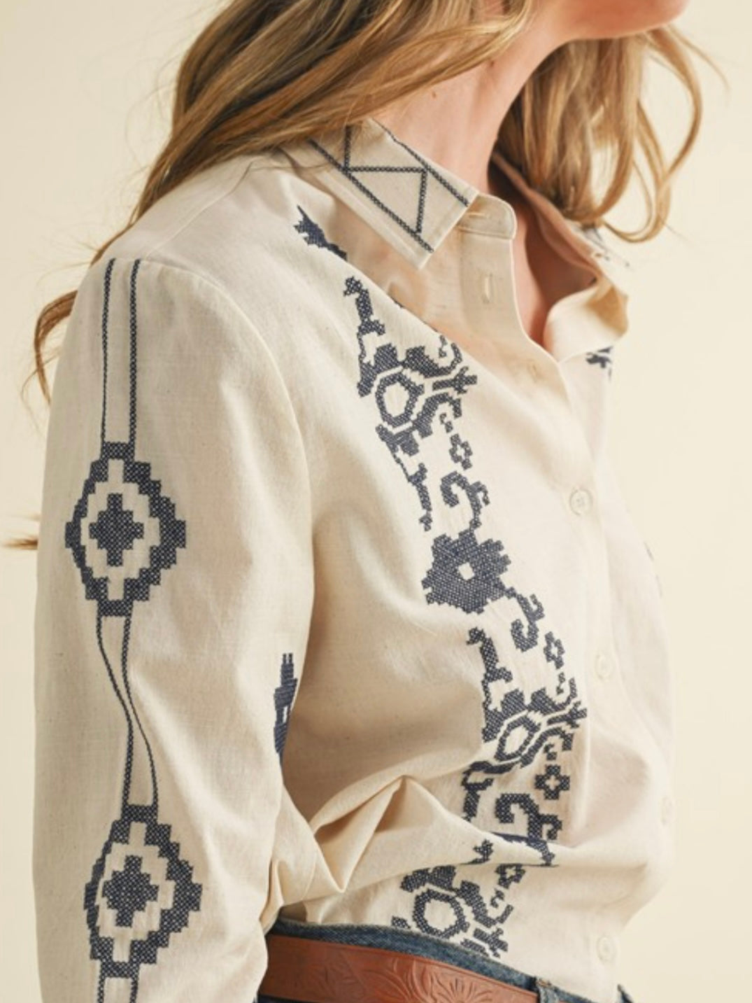 Off white and navy blue floral embroidered shirt